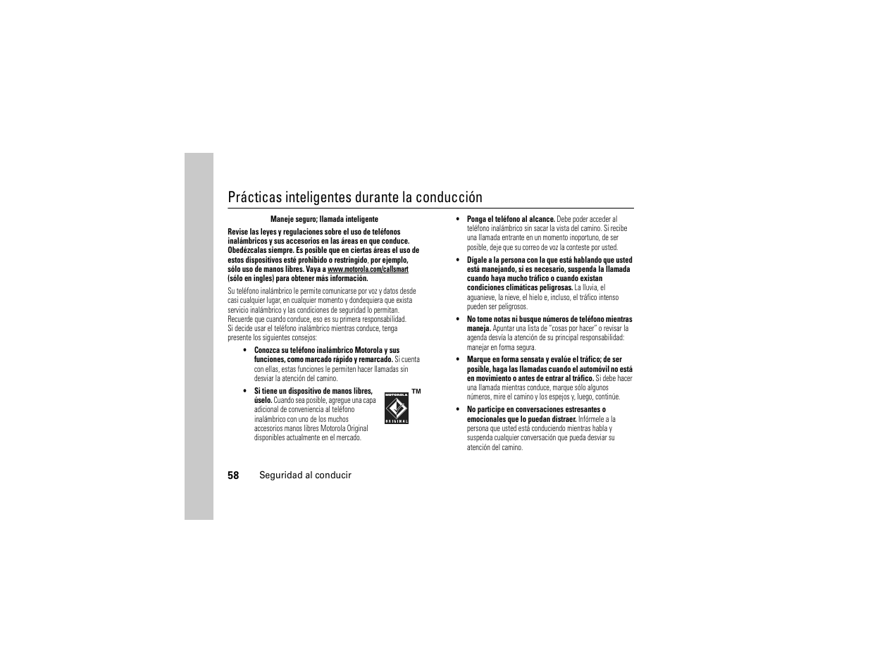 Seguridad al conducir, Prácticas inteligentes durante la conducción | Motorola Evoke QA4 User Manual | Page 120 / 124