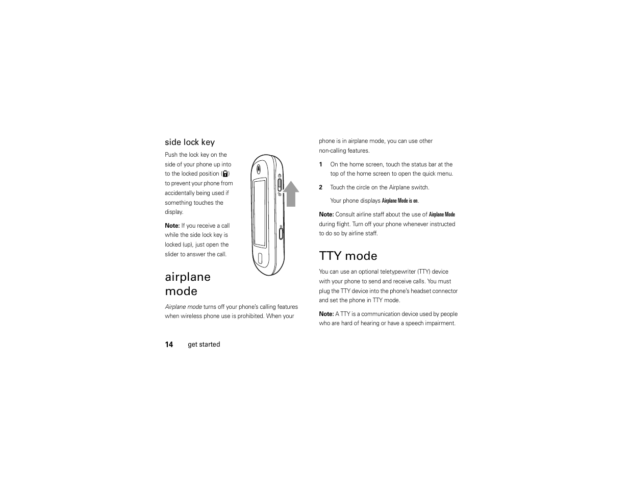 Airplane mode, Tty mode, Side lock key | Motorola Evoke QA4 User Manual | Page 16 / 124