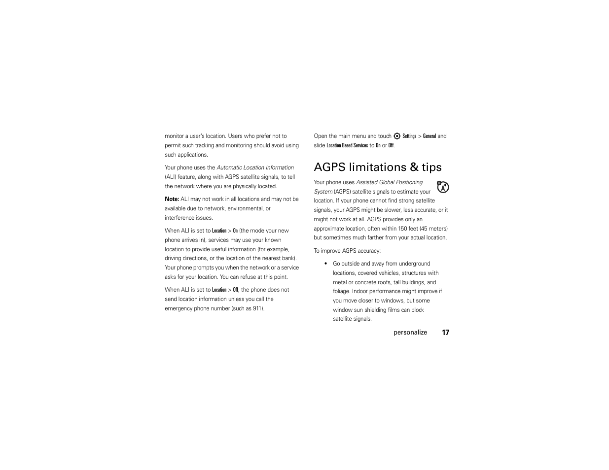 Agps limitations & tips | Motorola Evoke QA4 User Manual | Page 19 / 124