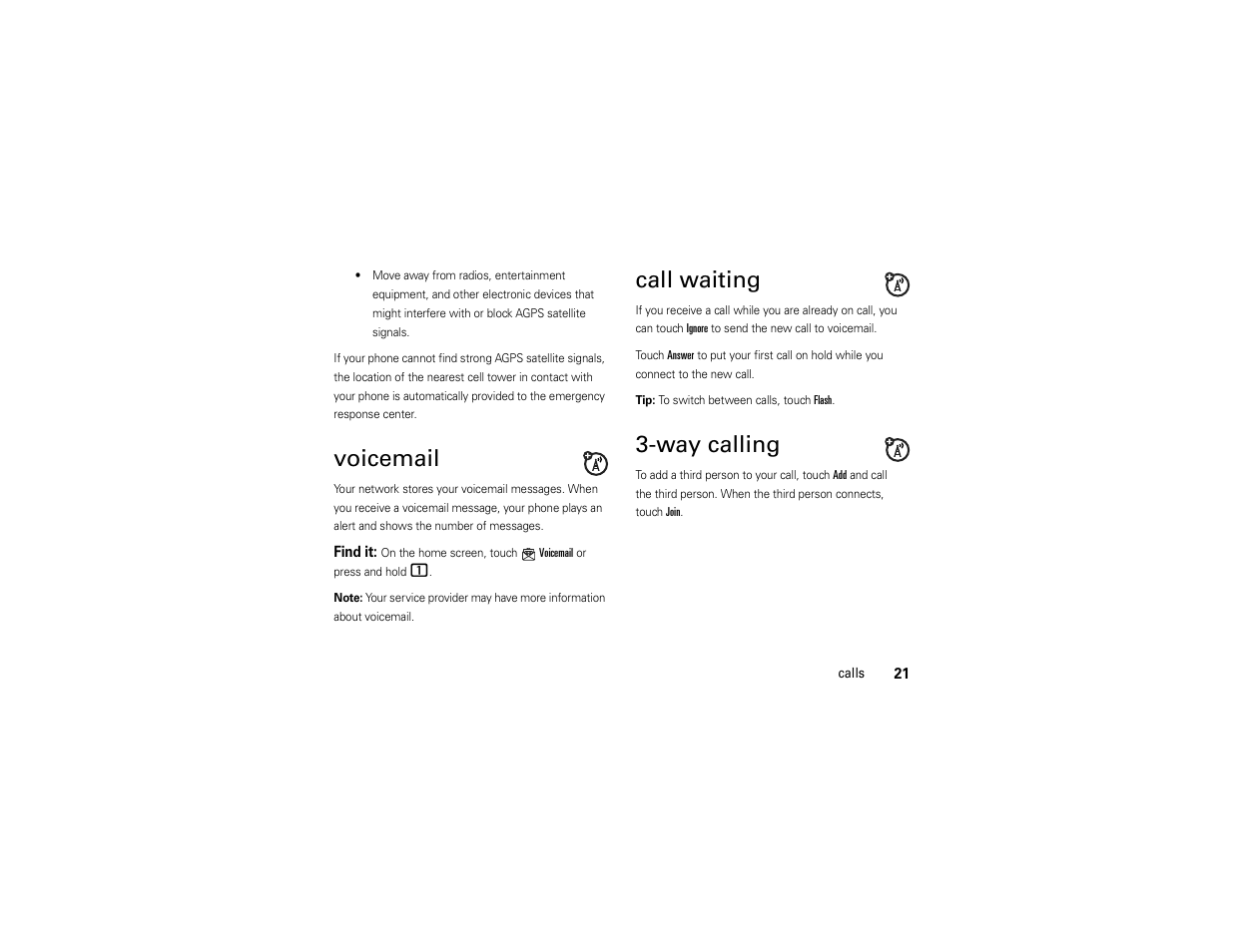 Voicemail, Call waiting, Way calling | Motorola Evoke QA4 User Manual | Page 23 / 124