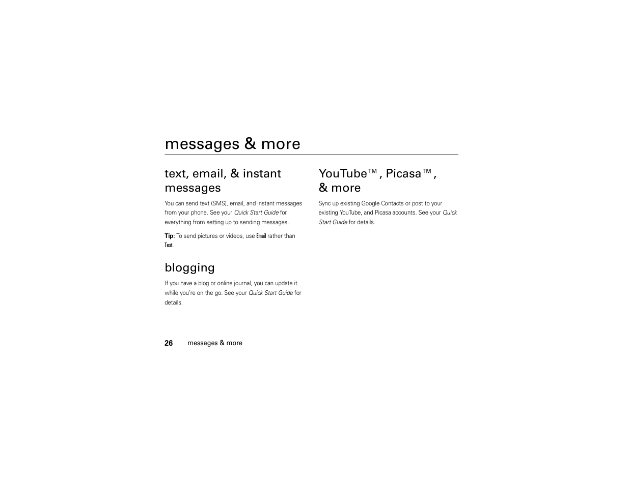 Messages & more, Text, email, & instant messages, Blogging | Youtube™, picasa™, & more, Text, email, & instant, Messages, Youtube™, picasa, More | Motorola Evoke QA4 User Manual | Page 28 / 124