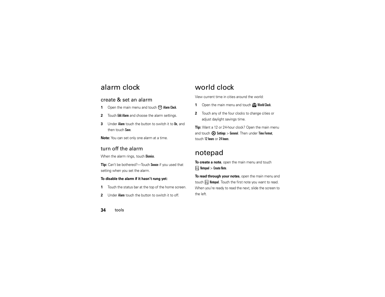 Alarm clock, World clock, Notepad | Create & set an alarm, Turn off the alarm | Motorola Evoke QA4 User Manual | Page 36 / 124