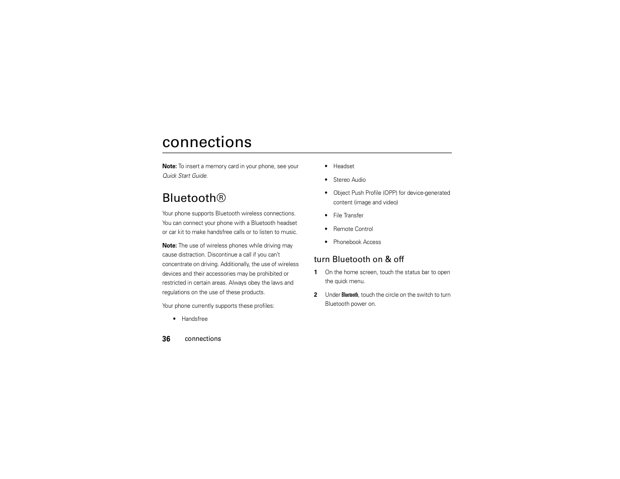 Connections, Bluetooth | Motorola Evoke QA4 User Manual | Page 38 / 124