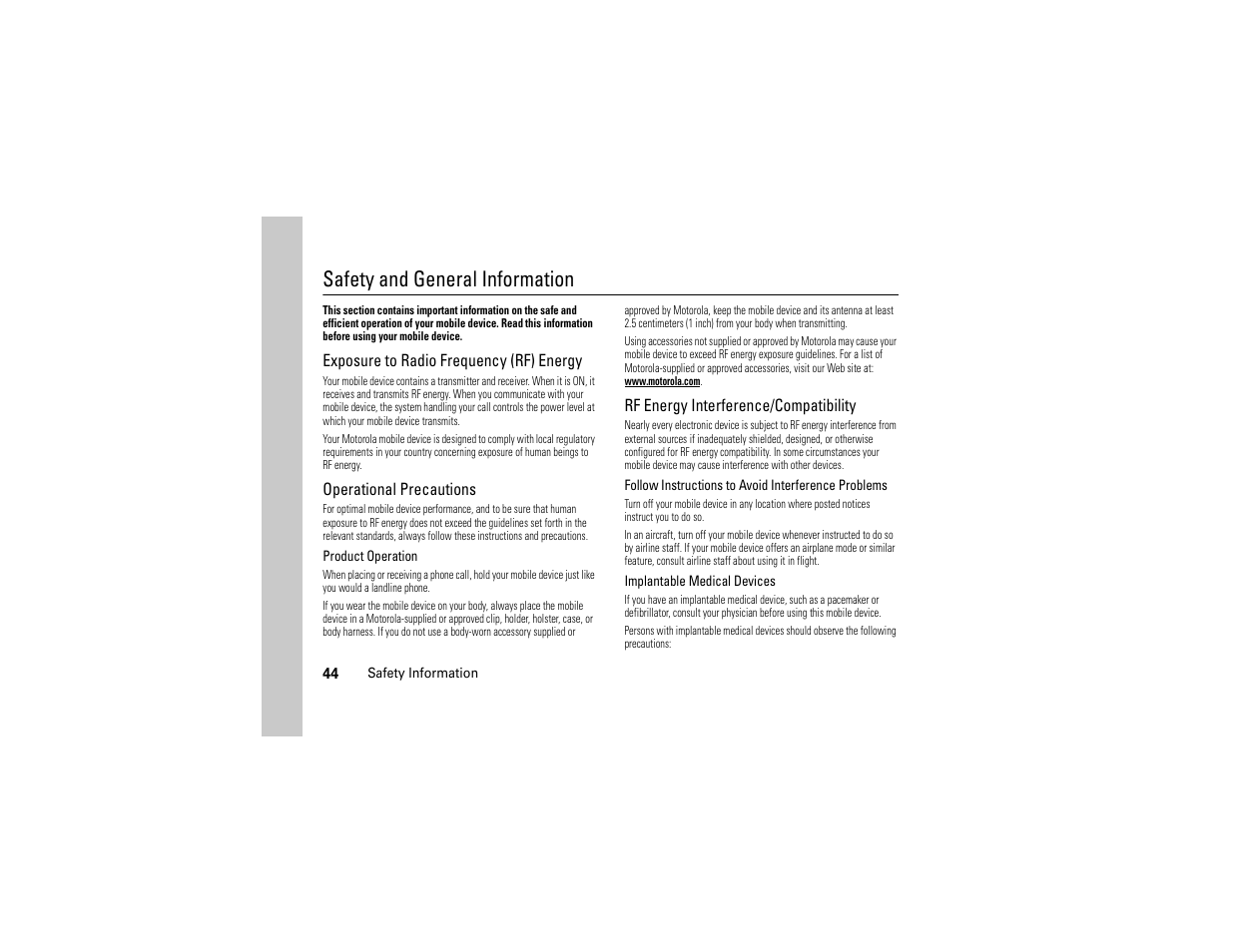 Safety information, Safety and general information | Motorola Evoke QA4 User Manual | Page 46 / 124