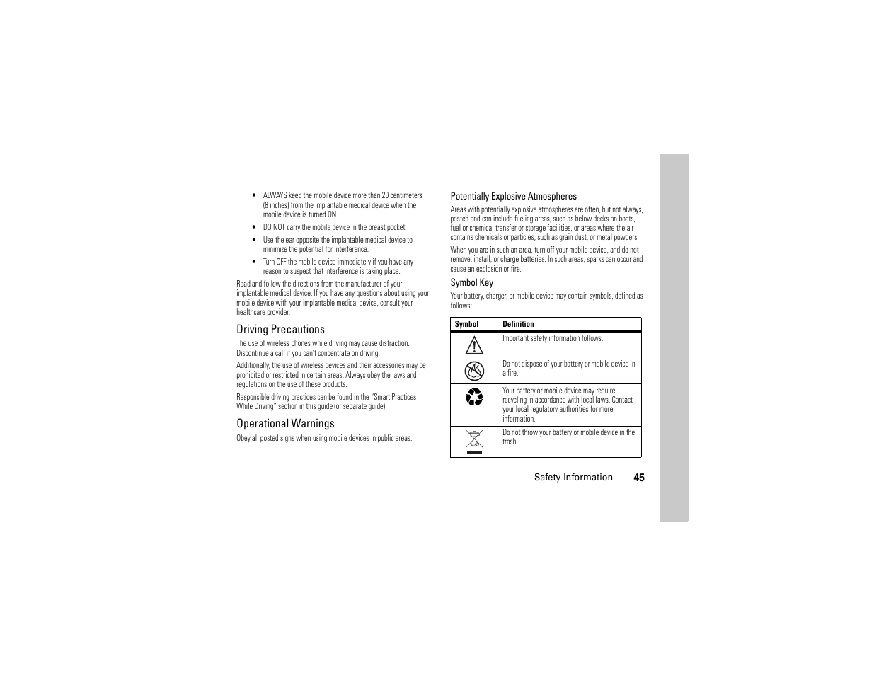 Driving precautions, Operational warnings | Motorola Evoke QA4 User Manual | Page 47 / 124