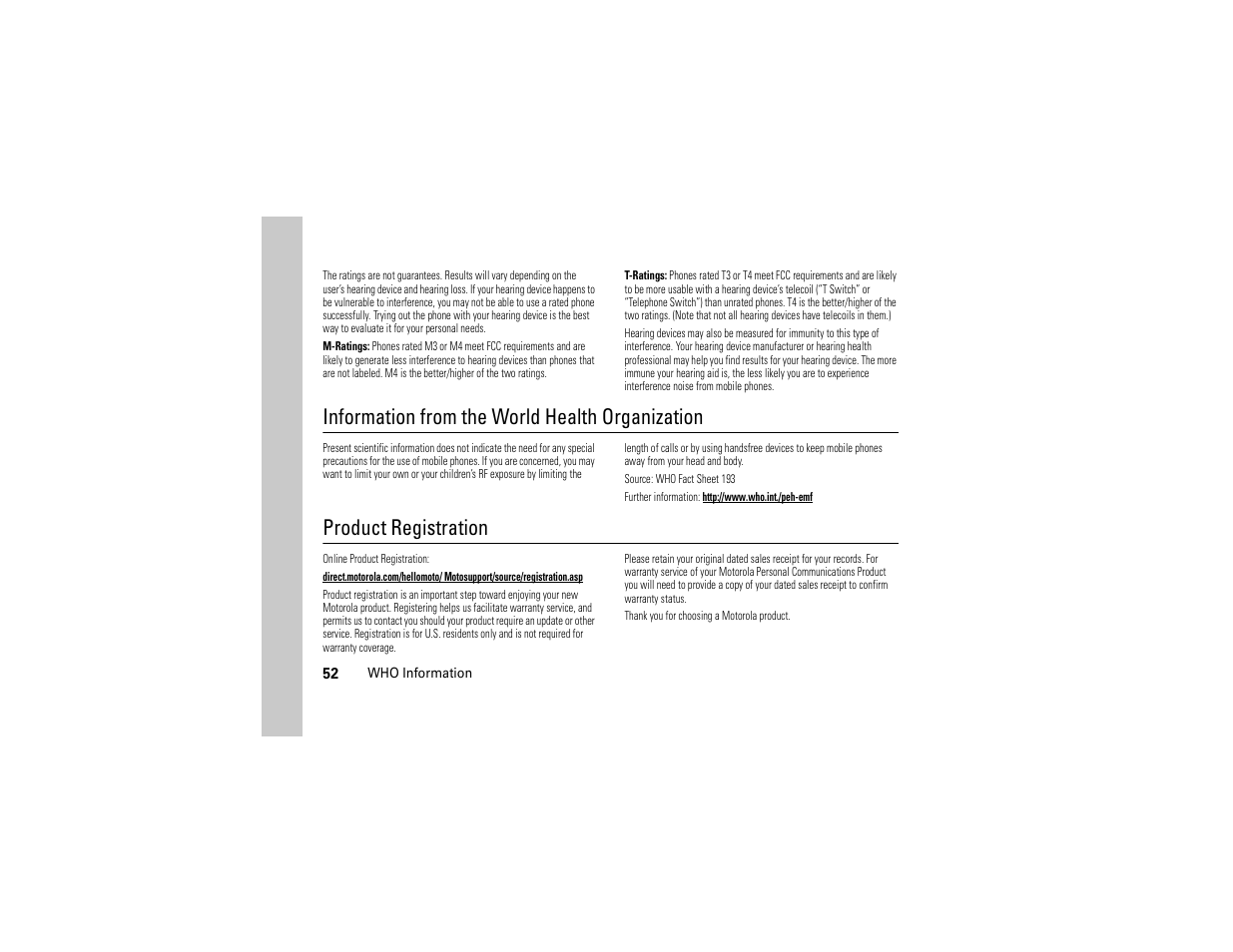 Who information, Registration, Information from the world health organization | Product registration | Motorola Evoke QA4 User Manual | Page 54 / 124