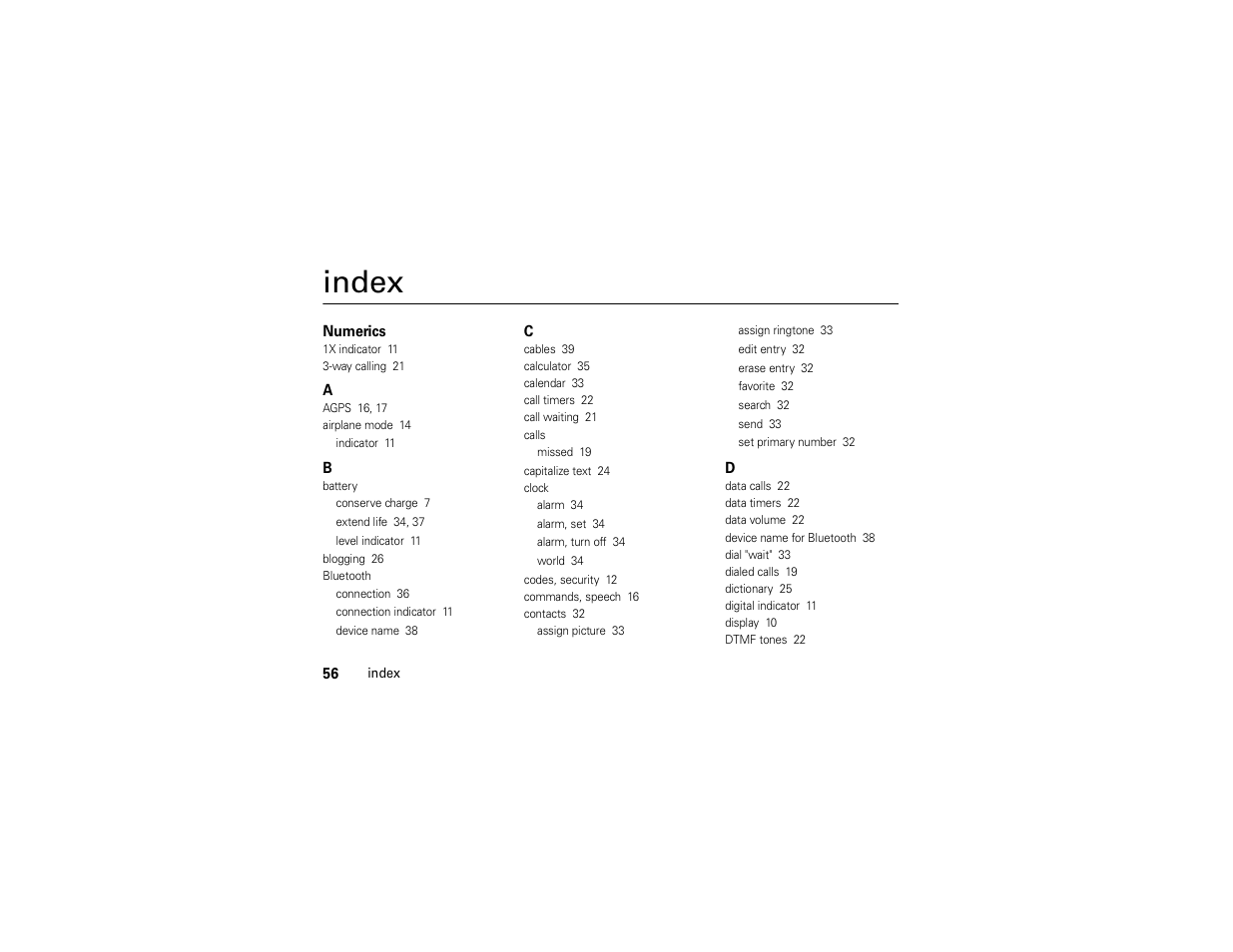 Index | Motorola Evoke QA4 User Manual | Page 58 / 124