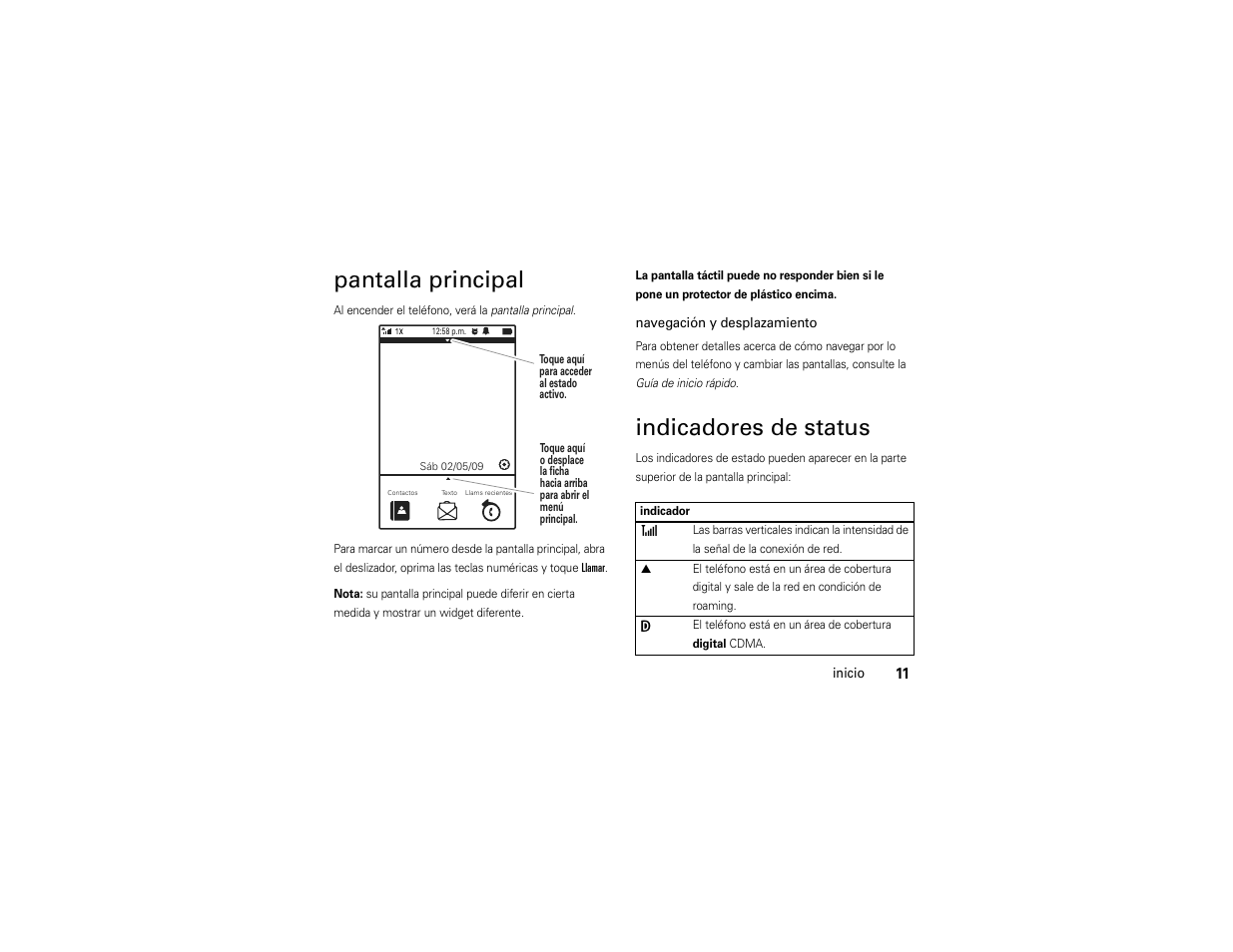 Pantalla principal, Indicadores de status | Motorola Evoke QA4 User Manual | Page 73 / 124