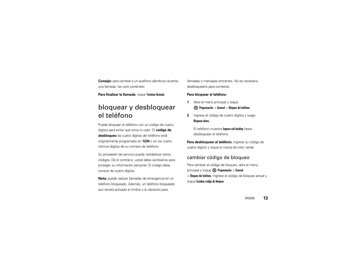 Bloquear y desbloquear el teléfono, Bloquear y desbloquear, El teléfono | Cambiar código de bloqueo | Motorola Evoke QA4 User Manual | Page 75 / 124