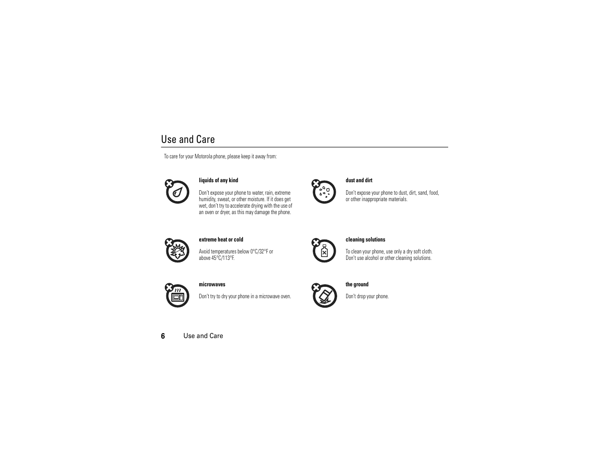 Use and care | Motorola Evoke QA4 User Manual | Page 8 / 124