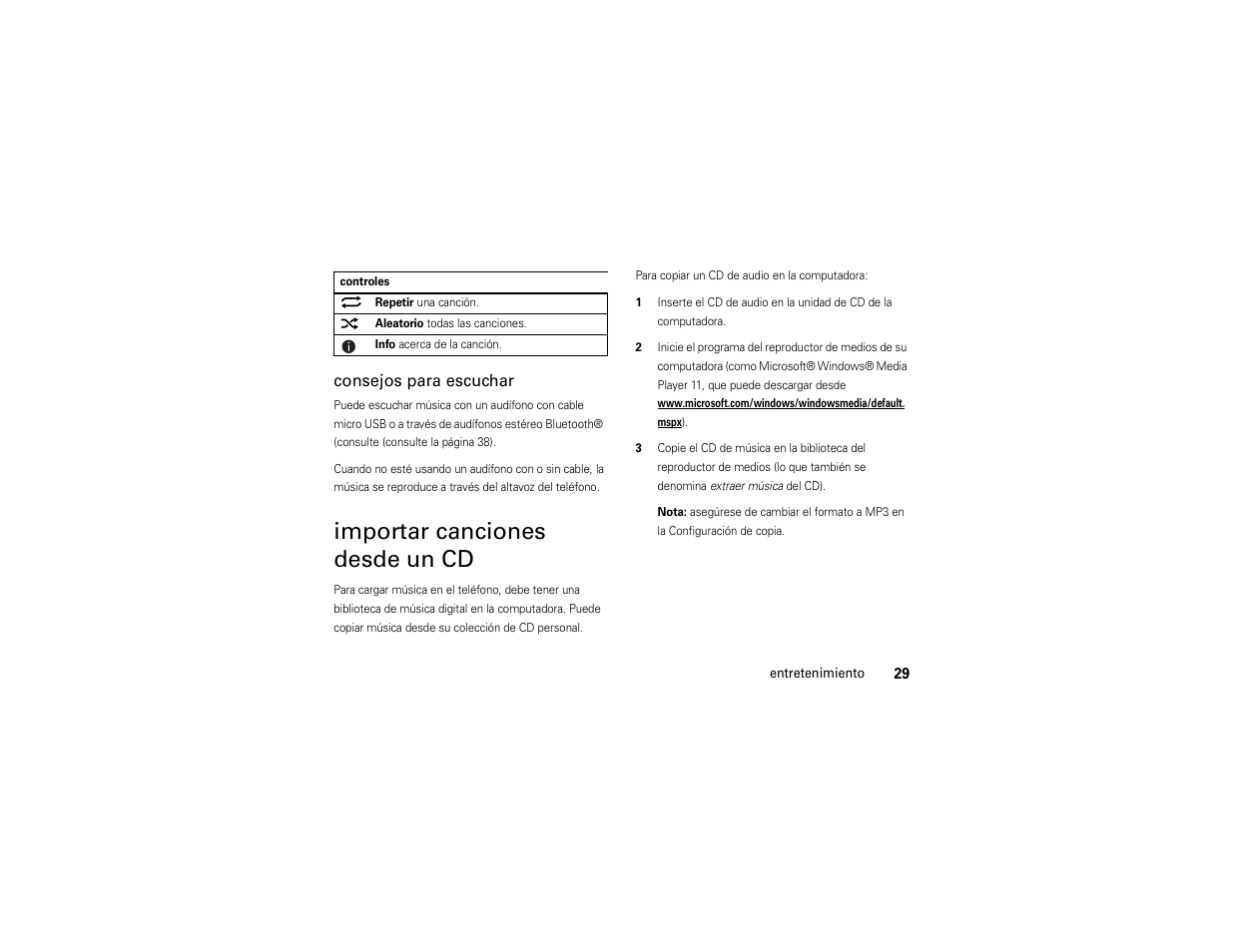 Importar canciones desde un cd, Importar canciones, Desde un cd | Consejos para escuchar | Motorola Evoke QA4 User Manual | Page 91 / 124