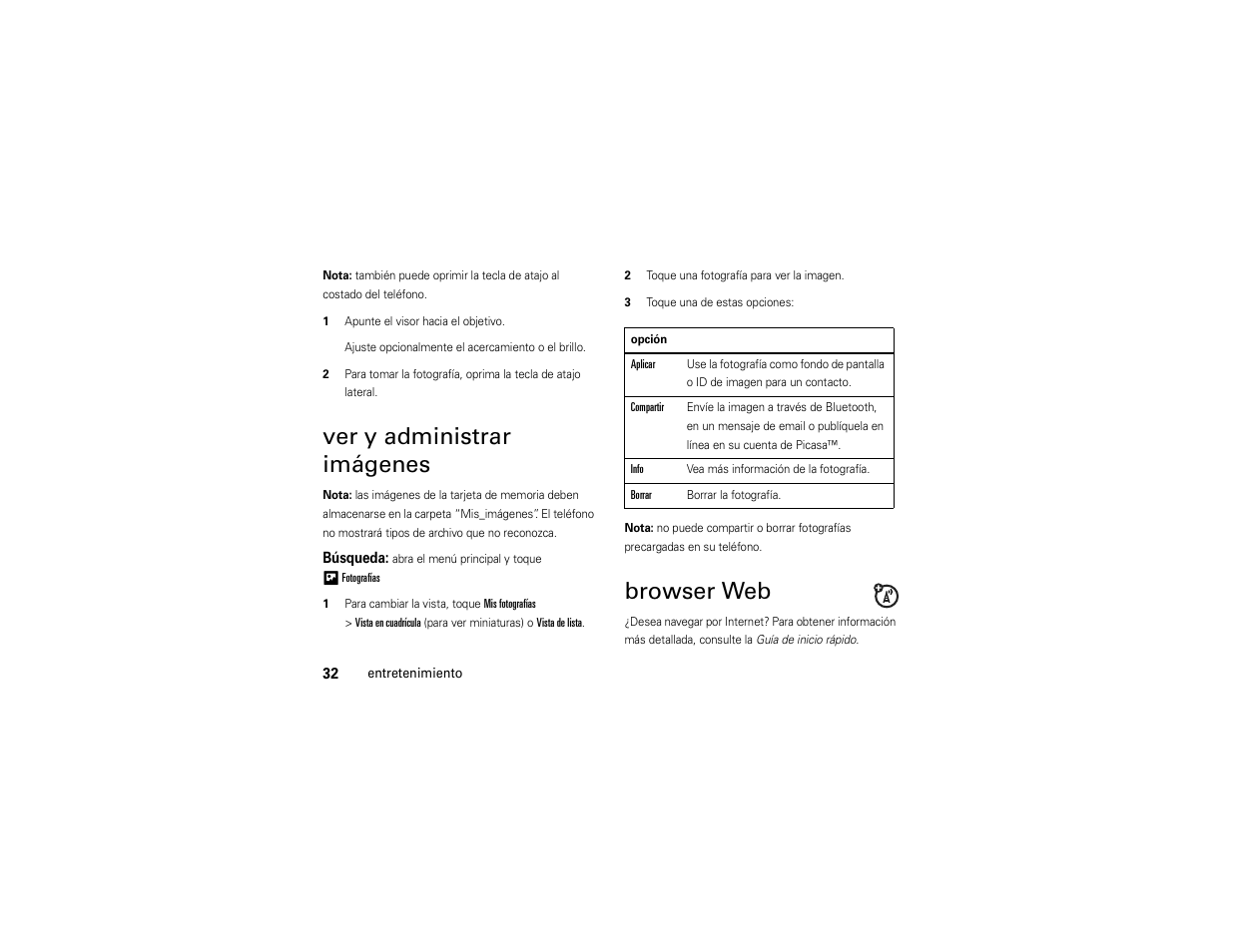 Ver y administrar imágenes, Browser web | Motorola Evoke QA4 User Manual | Page 94 / 124