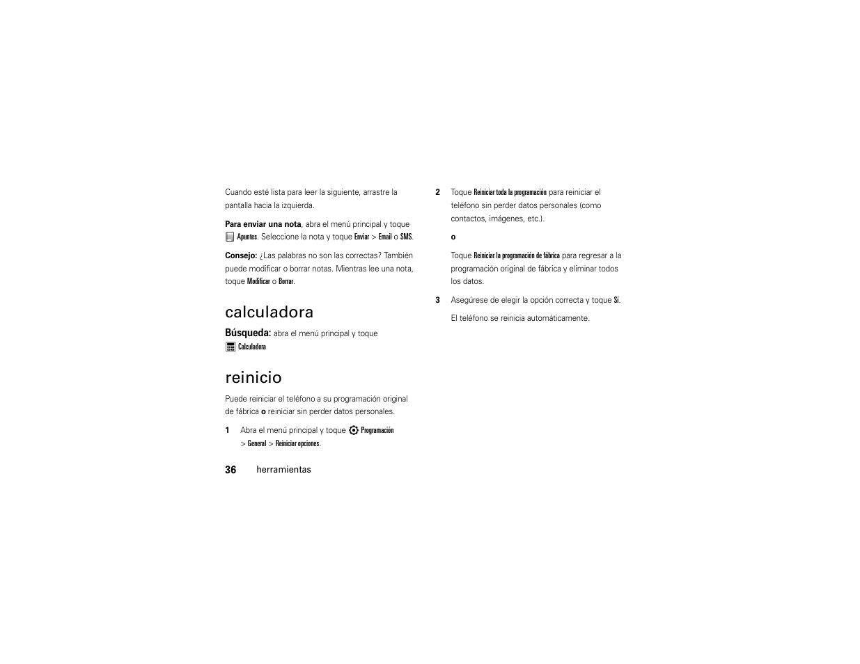 Calculadora, Reinicio | Motorola Evoke QA4 User Manual | Page 98 / 124