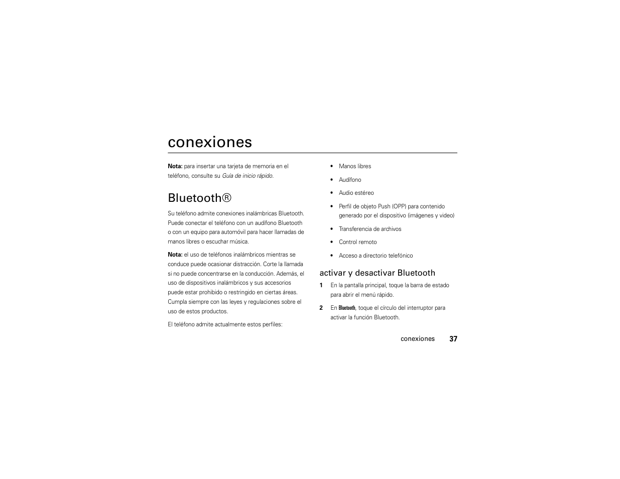 Conexiones, Bluetooth | Motorola Evoke QA4 User Manual | Page 99 / 124