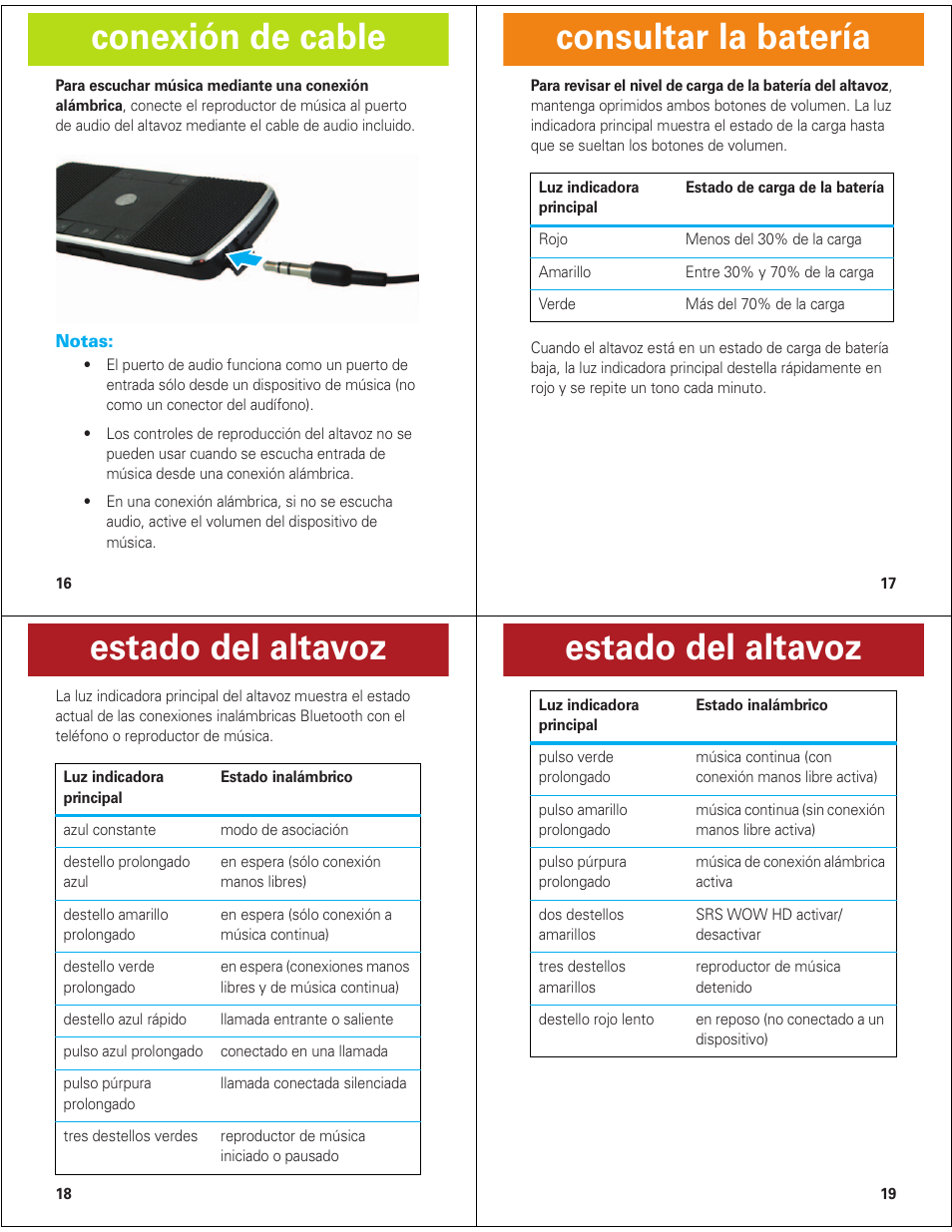 Conexión de cable, Consultar la batería, Estado del altavoz | Motorola ROKR EQ5 User Manual | Page 11 / 13