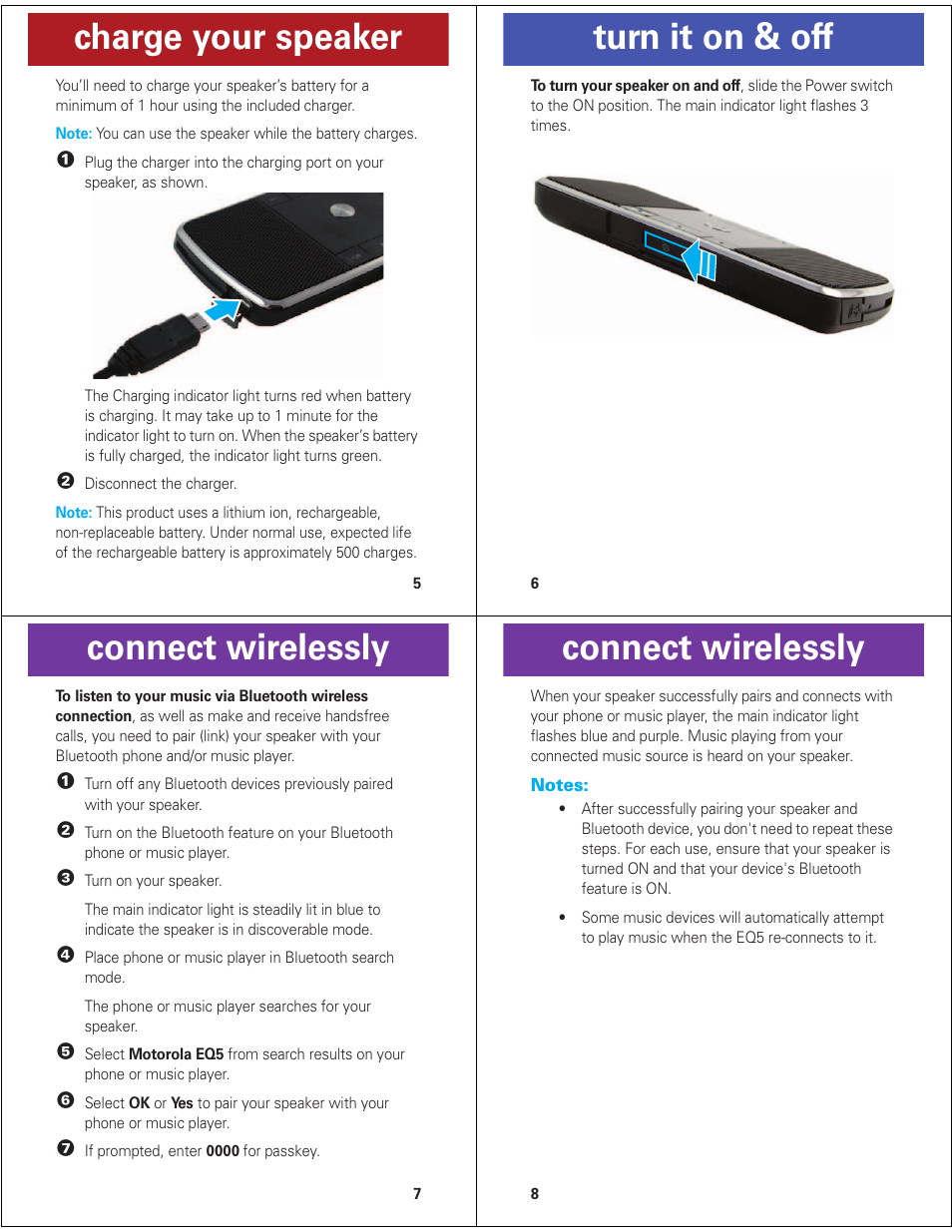 Charge your speaker, Turn it on & off, Connect wirelessly | Motorola ROKR EQ5 User Manual | Page 2 / 13