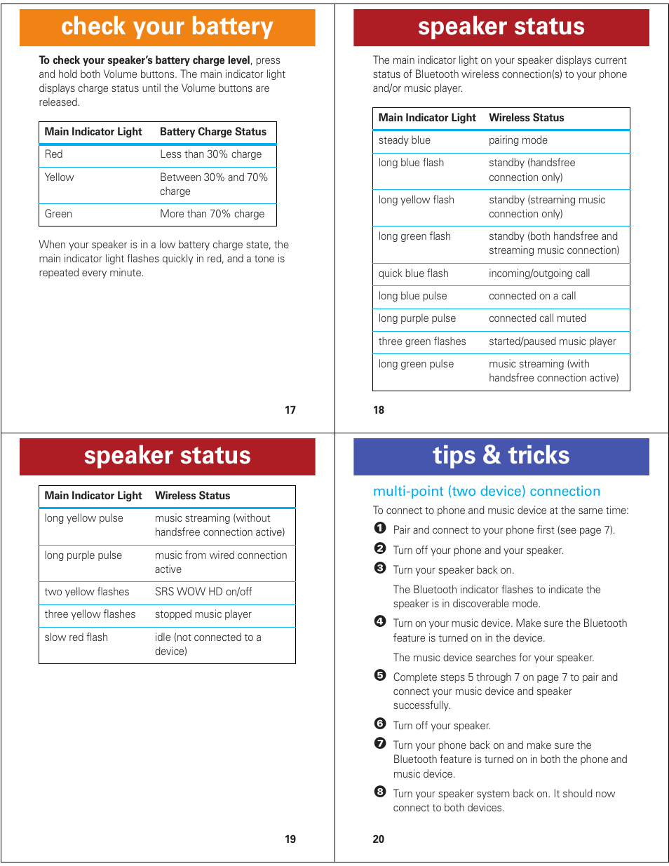 Check your battery, Speaker status, Tips & tricks | Multi-point (two device) connection | Motorola ROKR EQ5 User Manual | Page 5 / 13