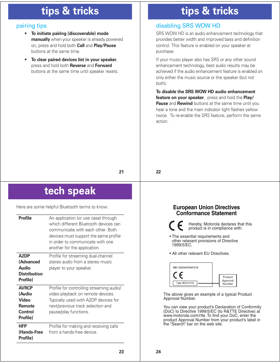 Tips & tricks, Tech speak | Motorola ROKR EQ5 User Manual | Page 6 / 13