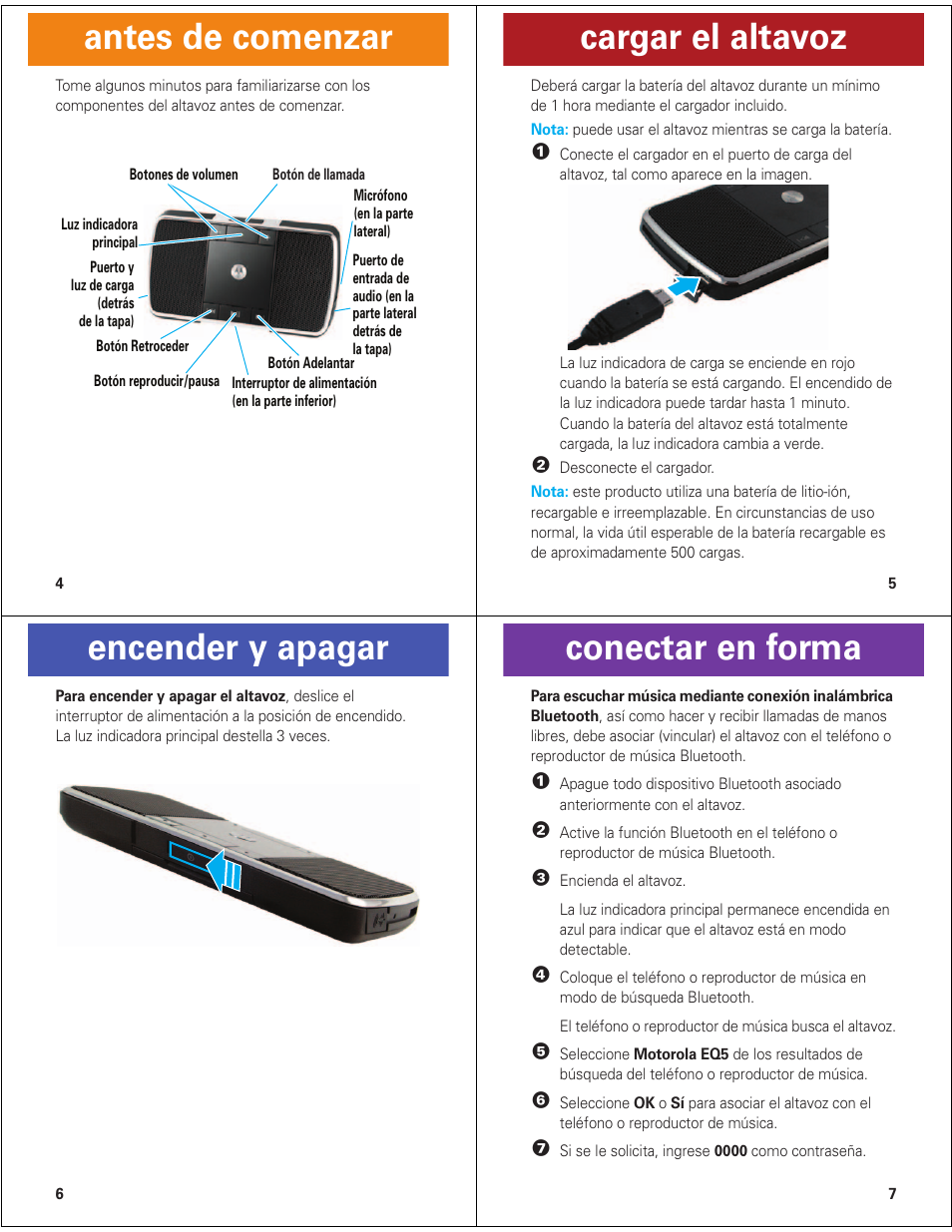 Antes de comenzar, Cargar el altavoz, Encender y apagar | Conectar en forma | Motorola ROKR EQ5 User Manual | Page 8 / 13