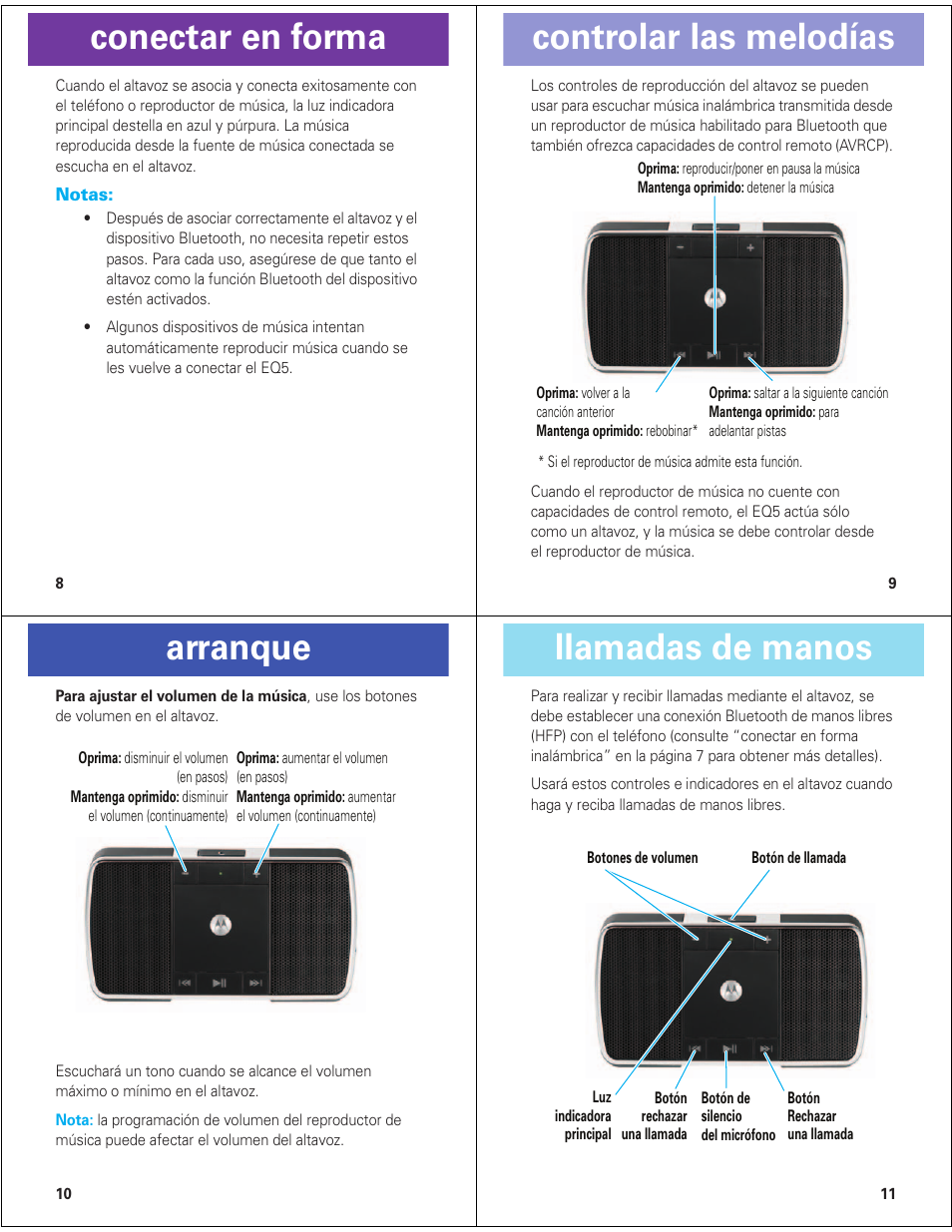 Conectar en forma, Controlar las melodías, Arranque | Llamadas de manos | Motorola ROKR EQ5 User Manual | Page 9 / 13