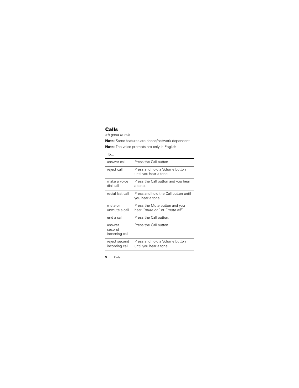 Calls | Motorola HX520 User Manual | Page 10 / 98