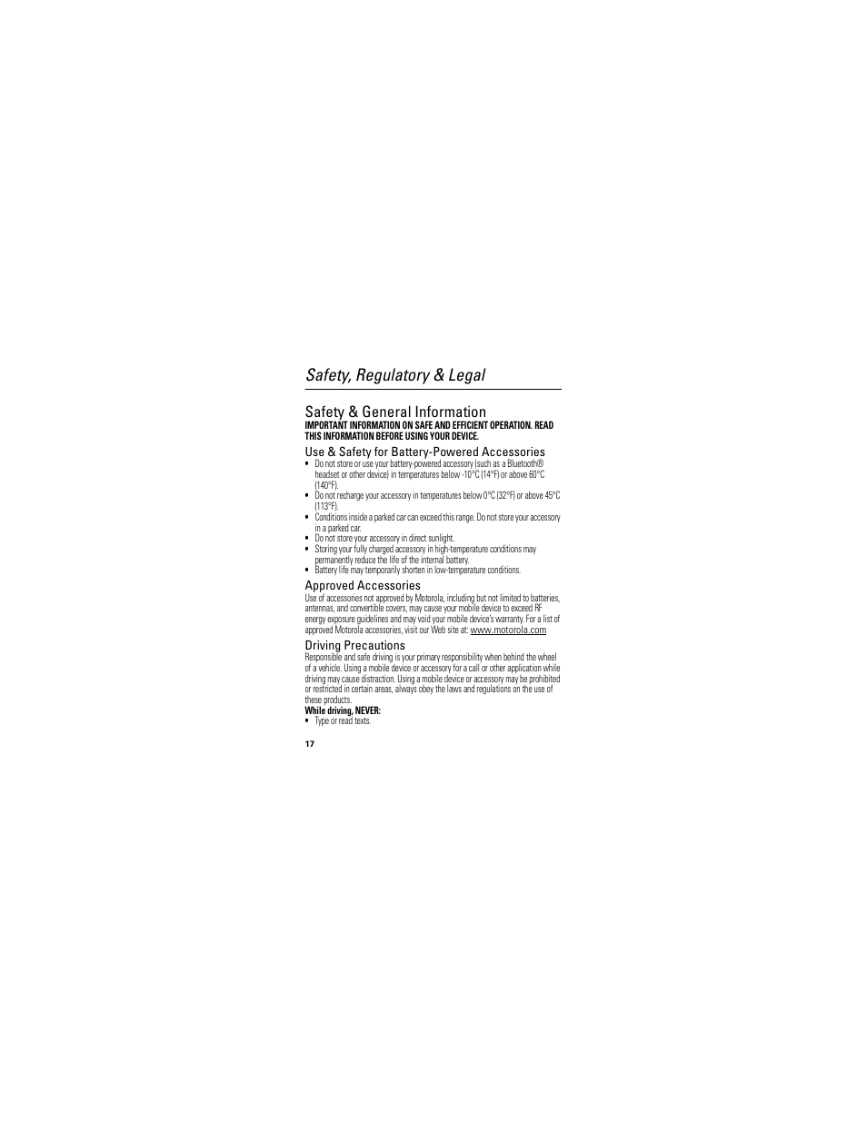 Safety, regulatory & legal, Safety information, Safety & general information | Motorola HX520 User Manual | Page 18 / 98