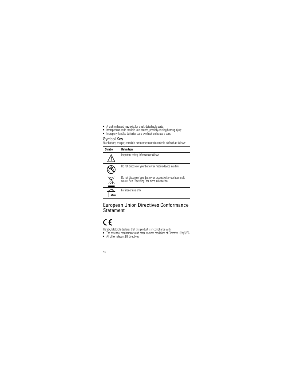 Eu conformance, European union directives conformance statement, Symbol key | Motorola HX520 User Manual | Page 20 / 98