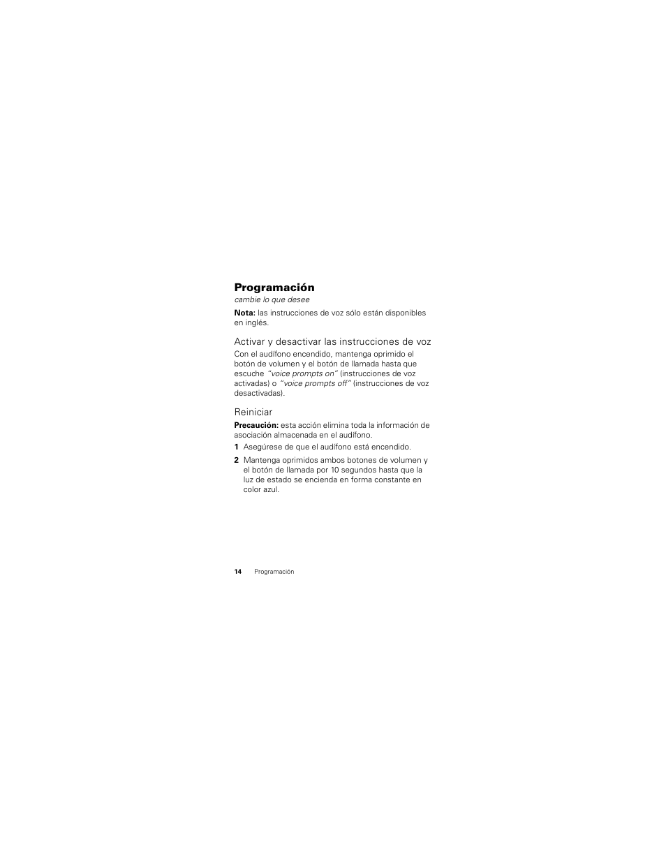 Programación, Activar y desactivar las instrucciones de voz, Reiniciar | Motorola HX520 User Manual | Page 48 / 98