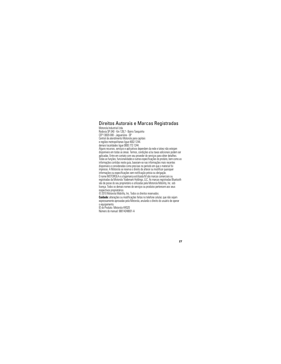 Direitos autorais e marcas registradas | Motorola HX520 User Manual | Page 95 / 98