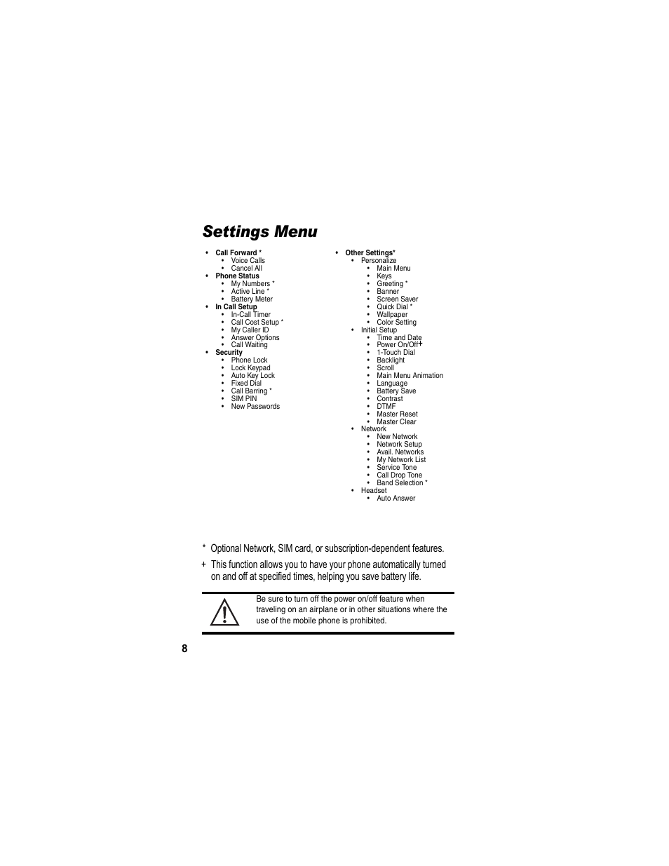 Settings menu | Motorola C155 User Manual | Page 10 / 120