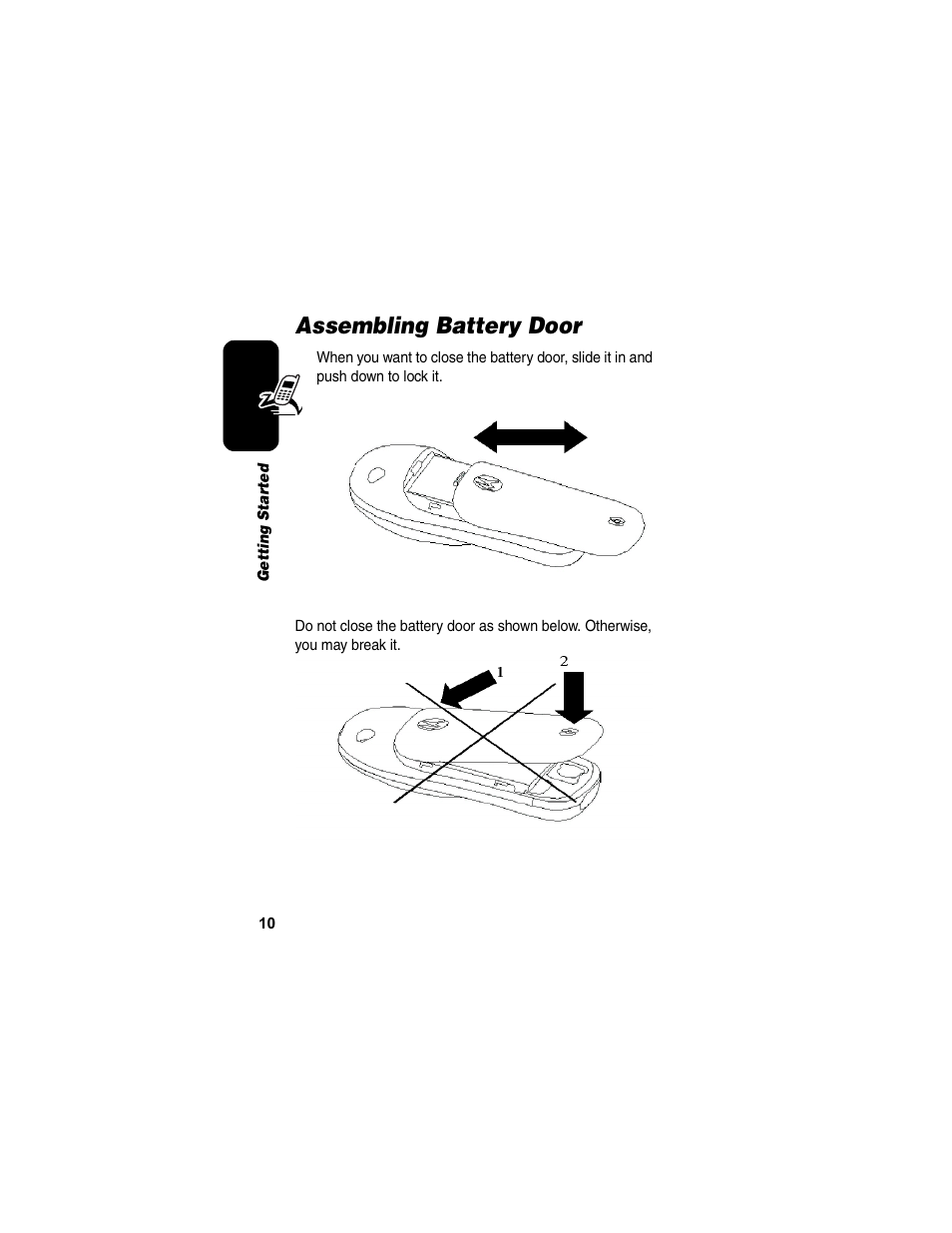 Assembling battery door | Motorola C155 User Manual | Page 12 / 120