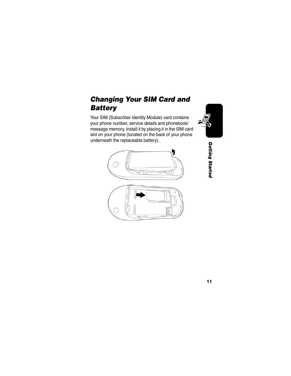 Changing your sim card and battery | Motorola C155 User Manual | Page 13 / 120