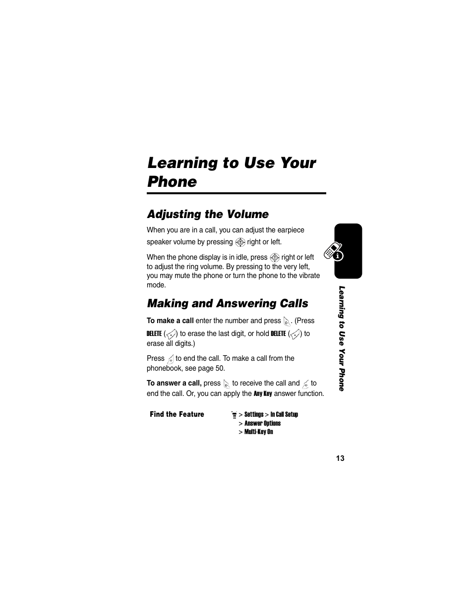 Learning to use your phone, Adjusting the volume, Making and answering calls | Adjusting the volume making and answering calls | Motorola C155 User Manual | Page 15 / 120