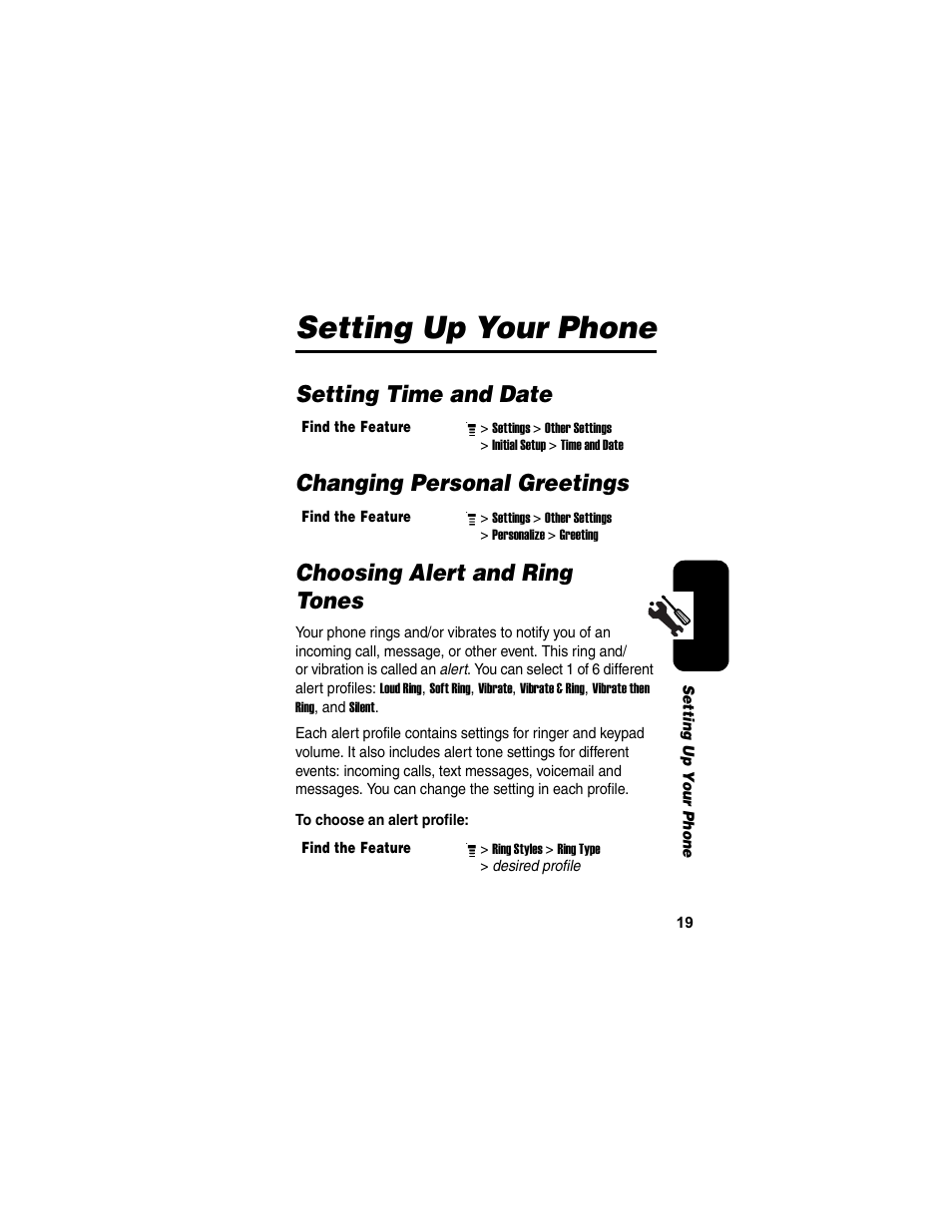 Setting up your phone, Setting time and date, Changing personal greetings | Choosing alert and ring tones | Motorola C155 User Manual | Page 21 / 120