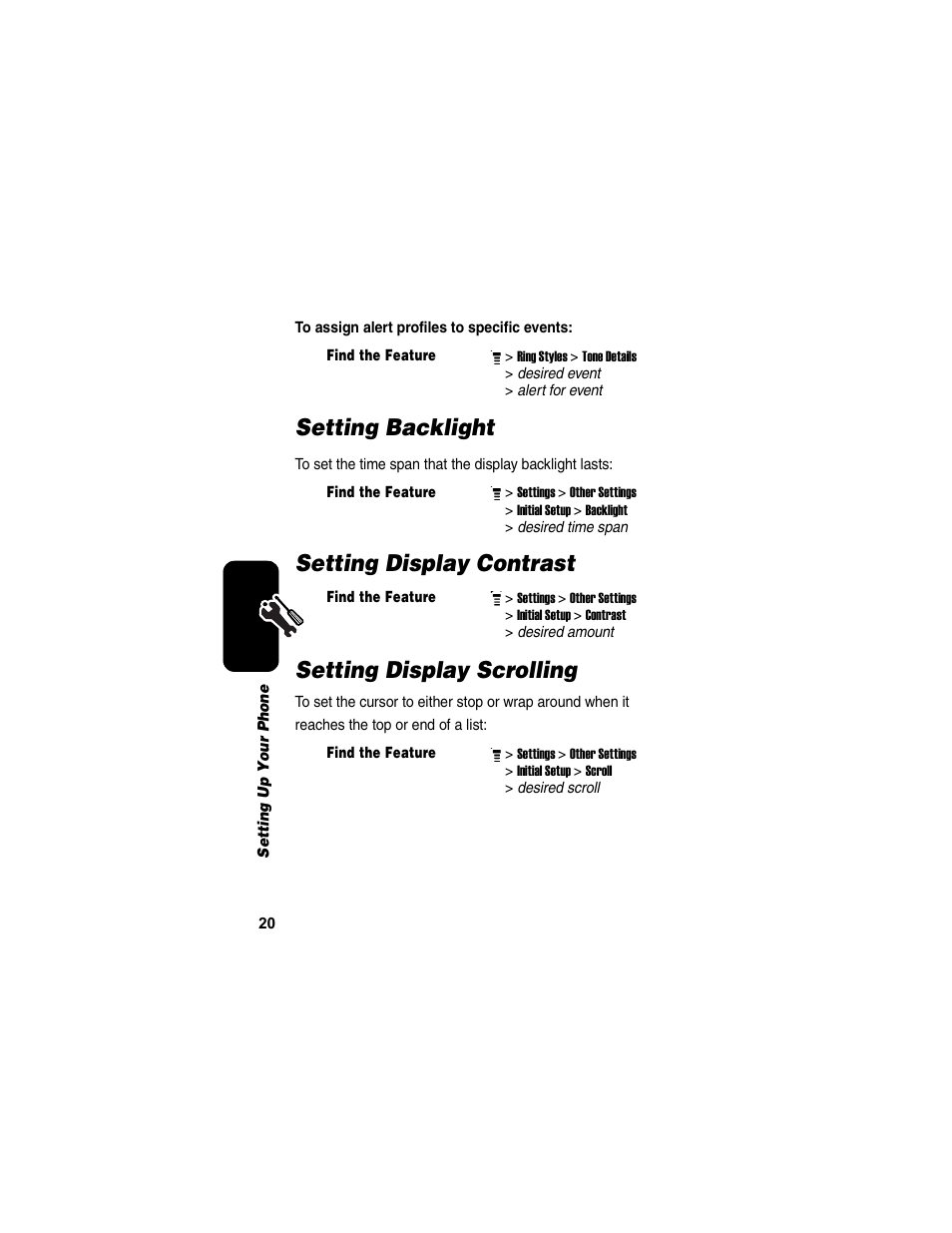 Setting backlight, Setting display contrast, Setting display scrolling | Setting display contrast setting display scrolling | Motorola C155 User Manual | Page 22 / 120