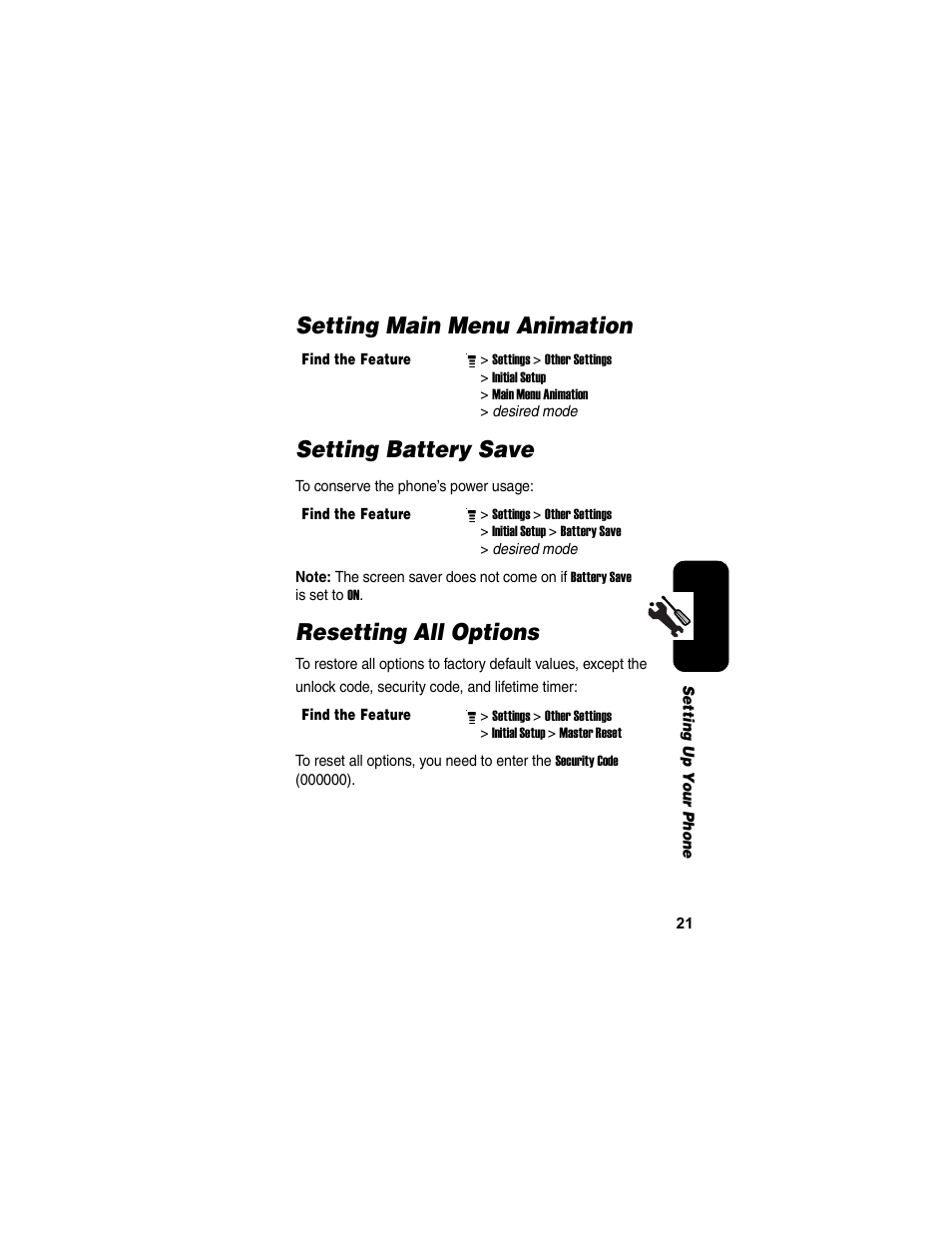 Setting main menu animation, Setting battery save, Resetting all options | Setting main menu animation setting battery save | Motorola C155 User Manual | Page 23 / 120