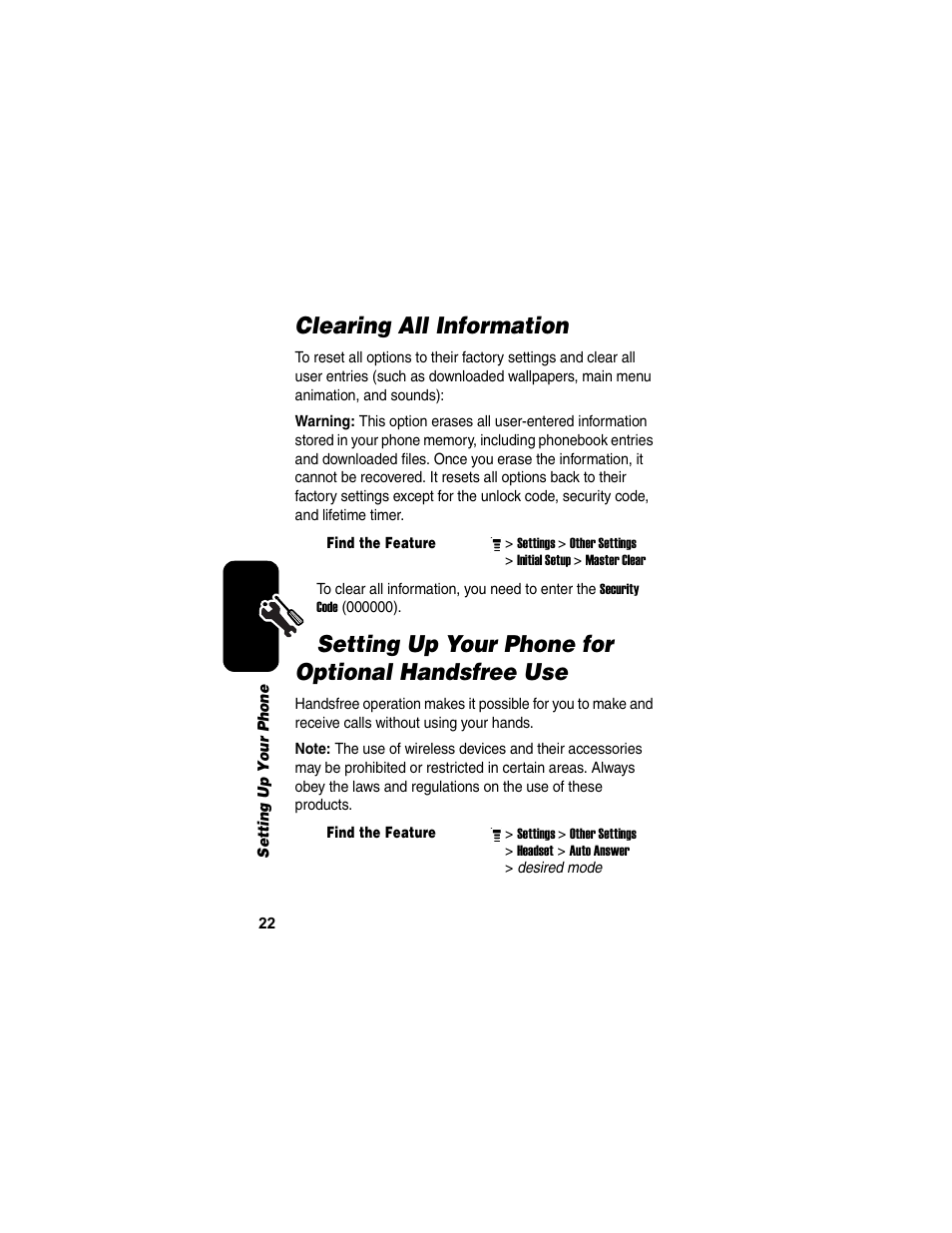 Clearing all information, Setting up your phone for optional handsfree use | Motorola C155 User Manual | Page 24 / 120