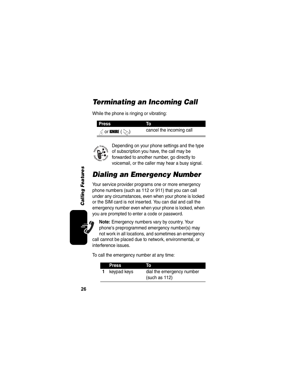 Terminating an incoming call, Dialing an emergency number | Motorola C155 User Manual | Page 28 / 120