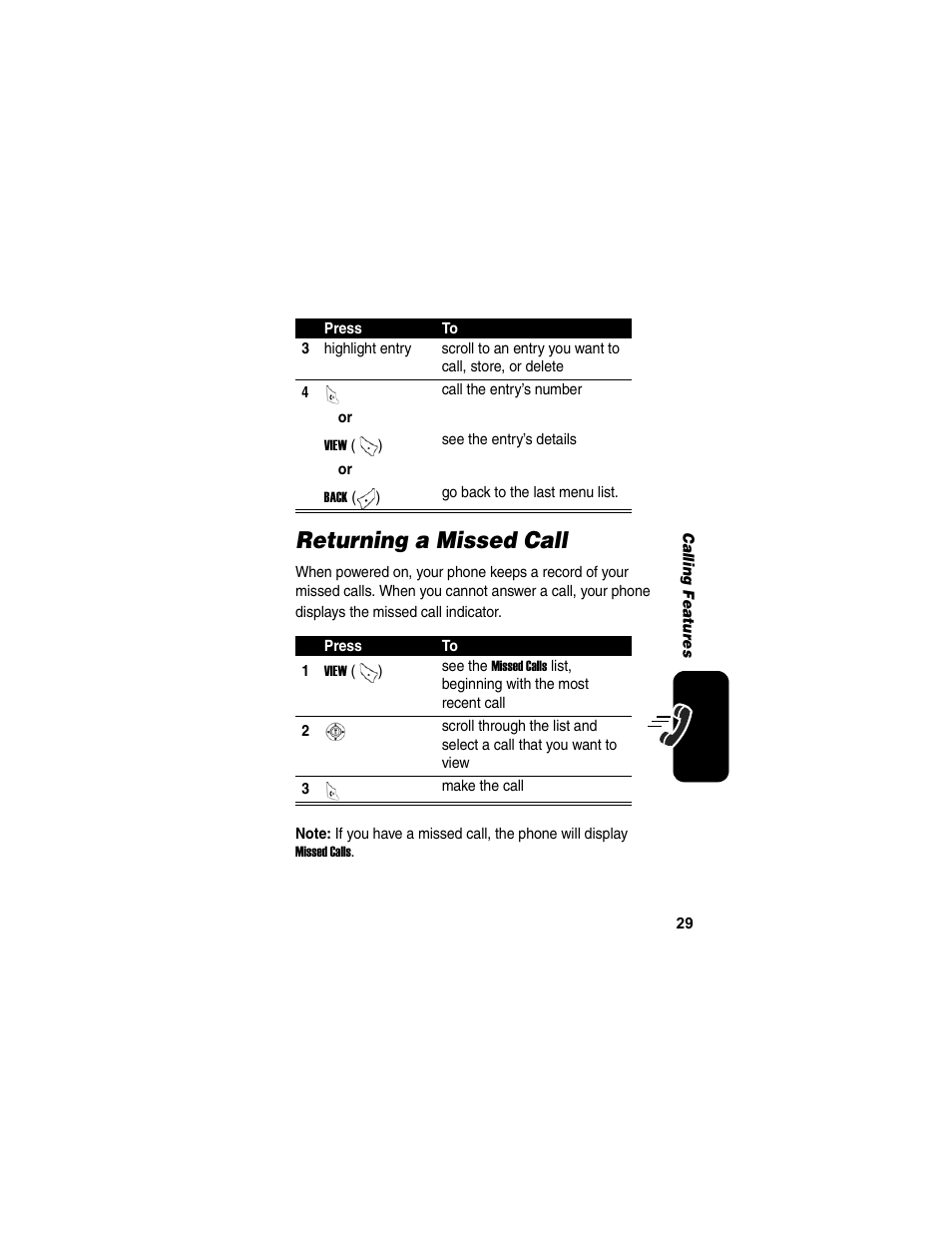 Returning a missed call | Motorola C155 User Manual | Page 31 / 120