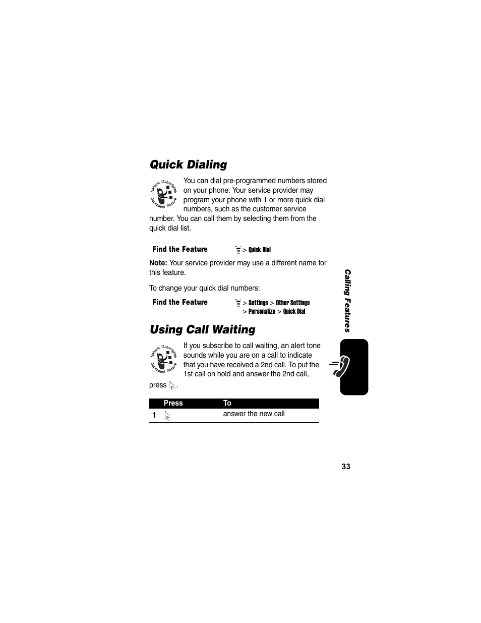 Quick dialing, Using call waiting, Quick dialing using call waiting | Motorola C155 User Manual | Page 35 / 120