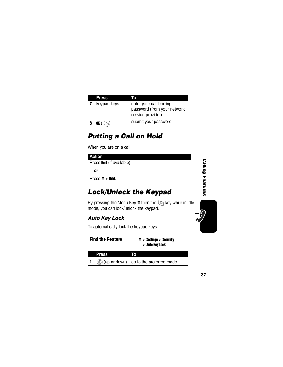 Putting a call on hold, Lock/unlock the keypad, Putting a call on hold lock/unlock the keypad | Motorola C155 User Manual | Page 39 / 120