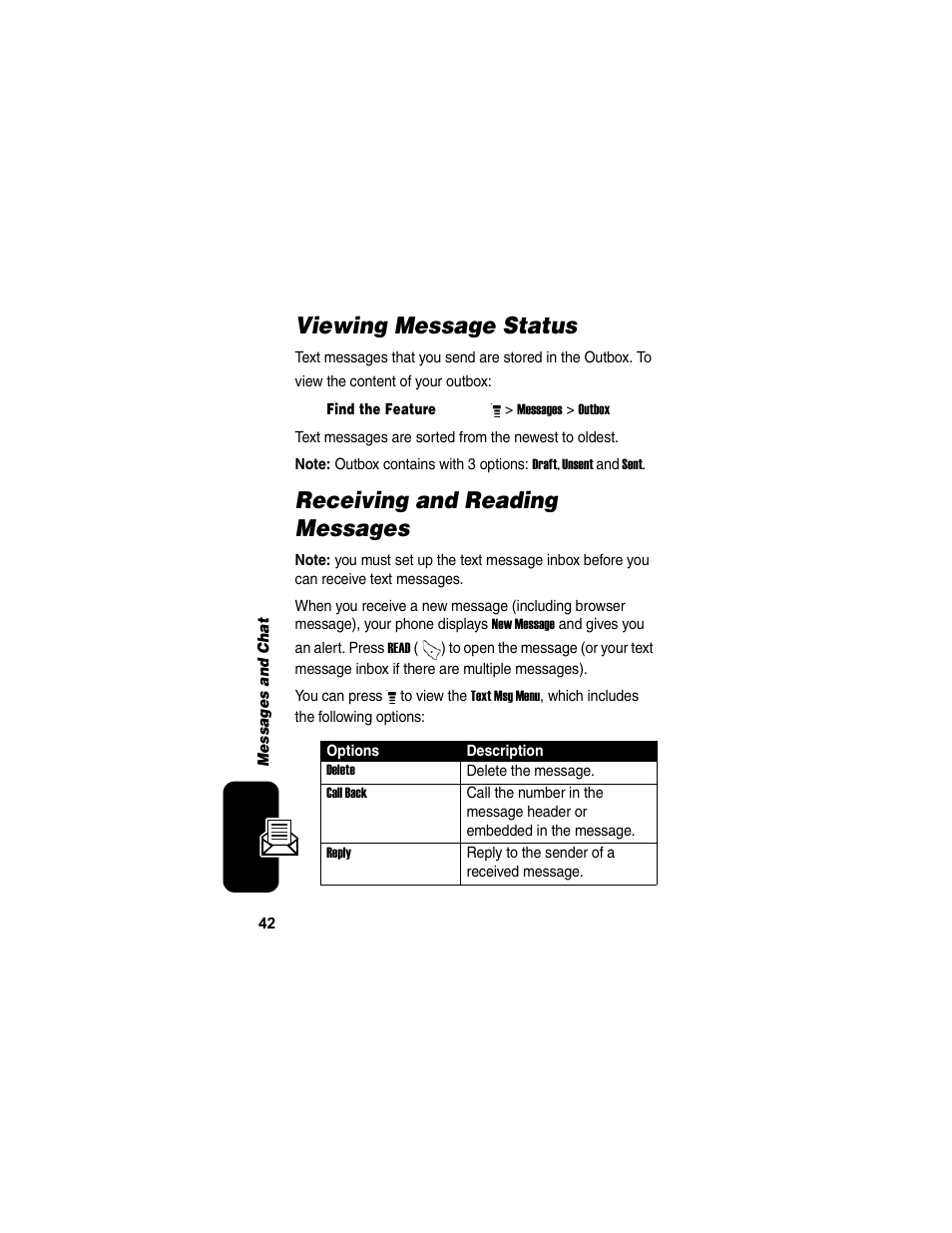 Viewing message status, Receiving and reading messages | Motorola C155 User Manual | Page 44 / 120