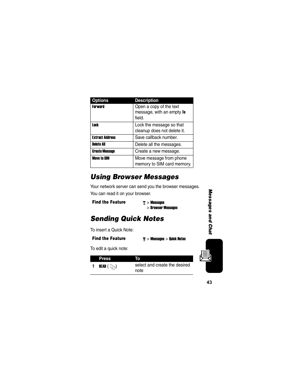 Using browser messages, Sending quick notes, Using browser messages sending quick notes | Motorola C155 User Manual | Page 45 / 120