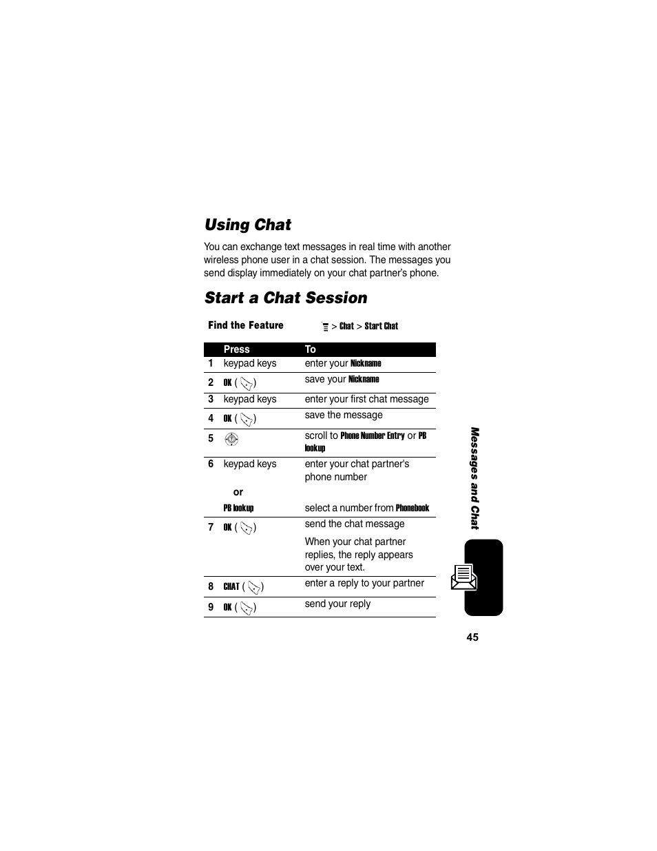 Using chat, Start a chat session, Using chat start a chat session | Motorola C155 User Manual | Page 47 / 120