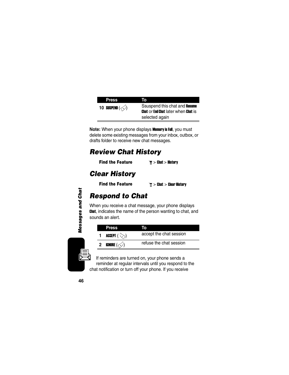 Review chat history, Clear history, Respond to chat | Clear history respond to chat, Review chat history clear history respond to chat | Motorola C155 User Manual | Page 48 / 120