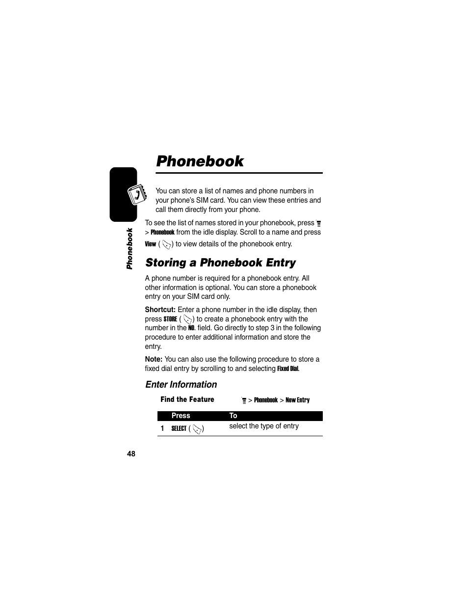 Phonebook, Storing a phonebook entry | Motorola C155 User Manual | Page 50 / 120