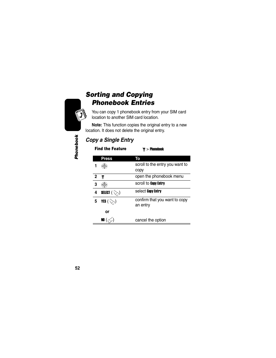 Sorting and copying phonebook entries | Motorola C155 User Manual | Page 54 / 120