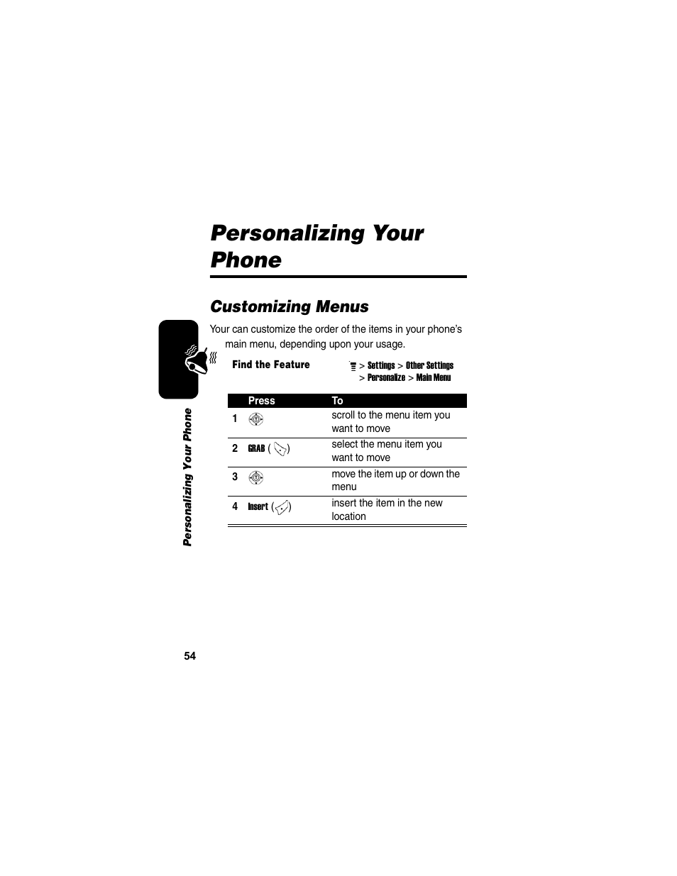 Personalizing your phone, Customizing menus | Motorola C155 User Manual | Page 56 / 120