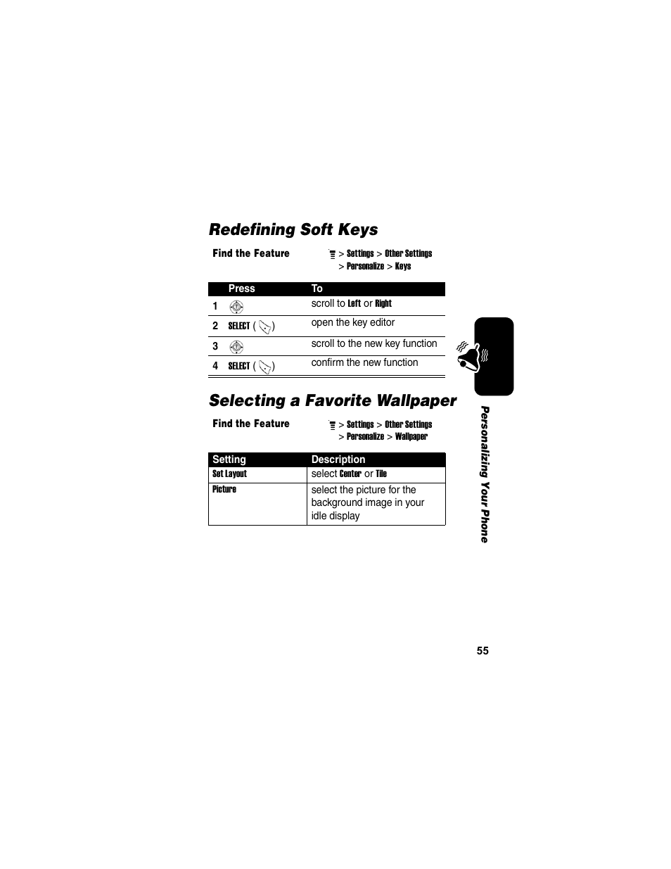 Redefining soft keys, Selecting a favorite wallpaper | Motorola C155 User Manual | Page 57 / 120