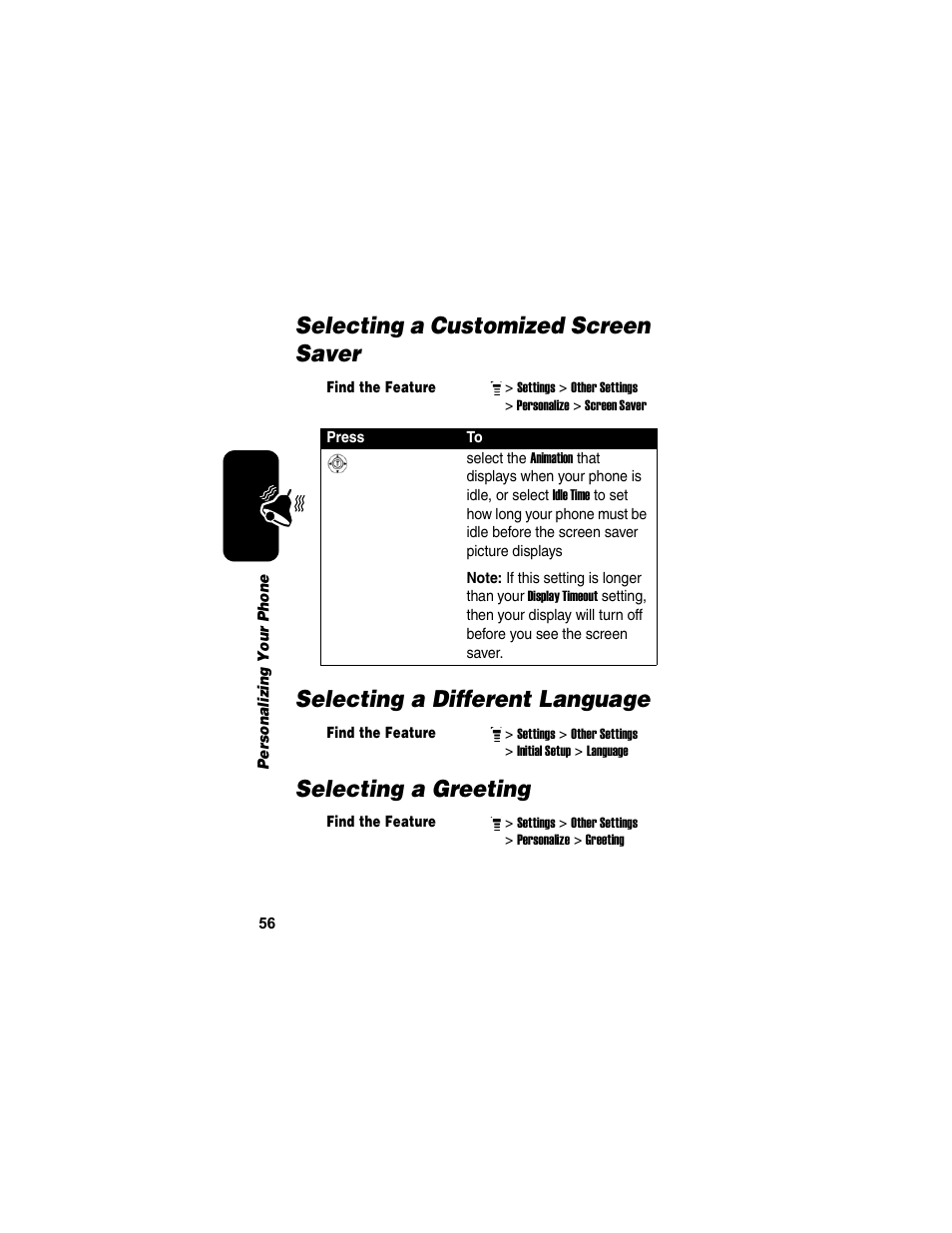 Selecting a customized screen saver, Selecting a different language, Selecting a greeting | Motorola C155 User Manual | Page 58 / 120